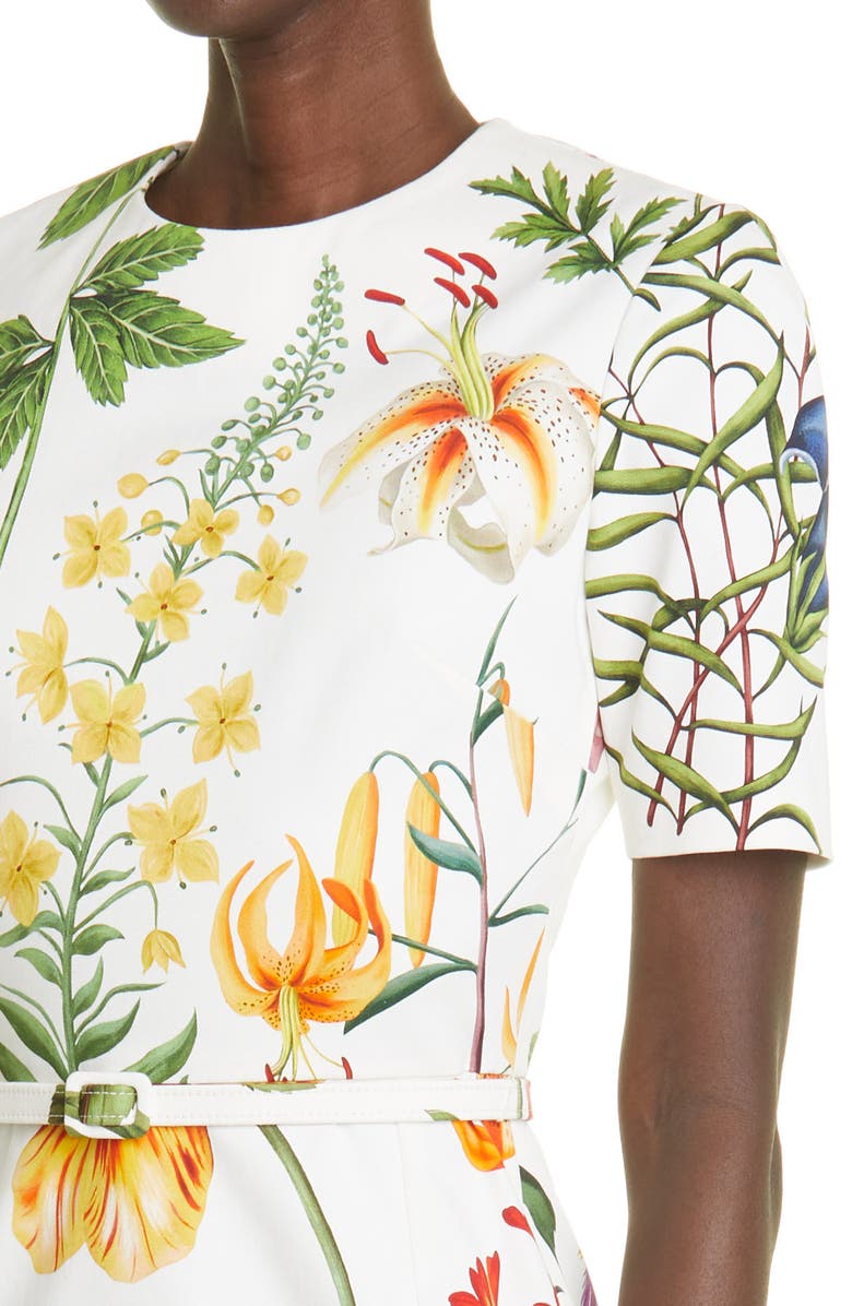 Oscar de la Renta Floral Belted Stretch Cotton Twill Dress, Alternate, color, 