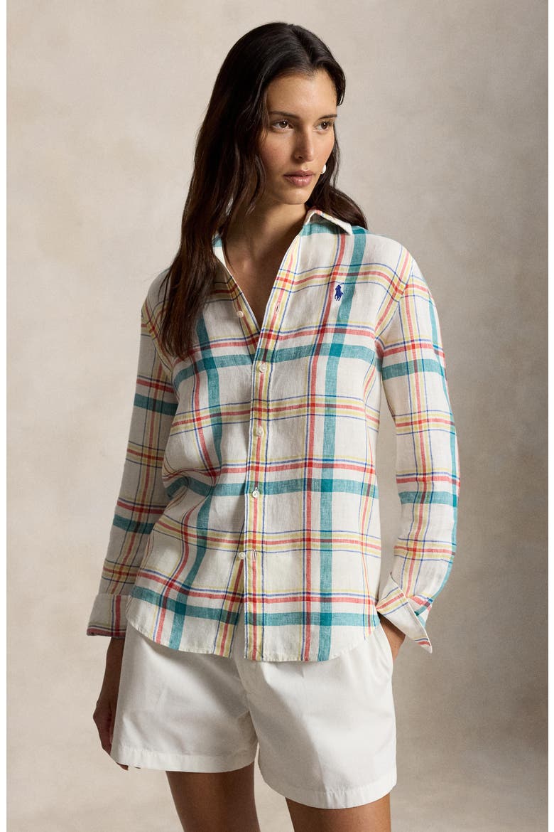 Plaid Linen Shirt, Alternate, color, 2017 WHITE-TEAL-RED MULTI