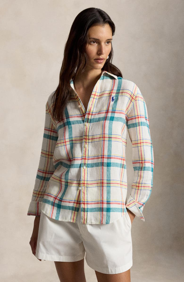 Polo Ralph Lauren Plaid Linen Shirt, Alternate, color, 2017 White-Teal-Red Multi