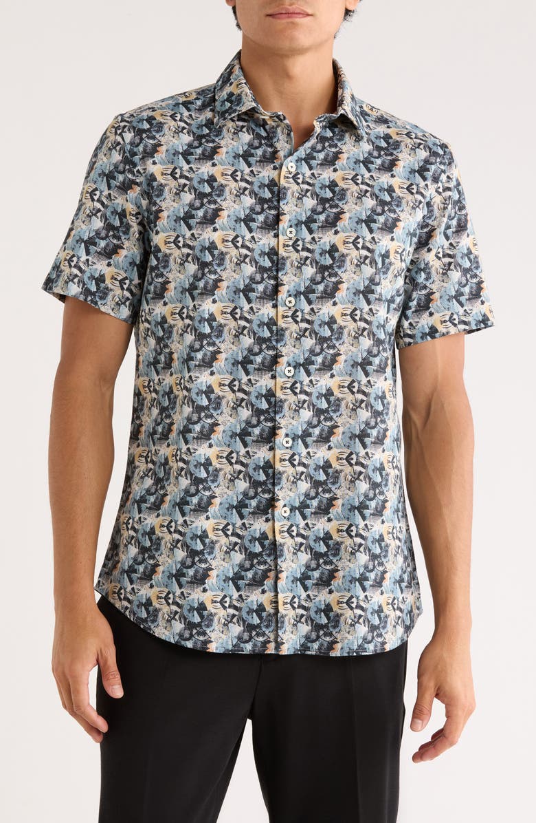 Bugatchi Miles OoohCotton<sup>®</sup> Short Sleeve Button-Up Shirt, Main, color, Caviar