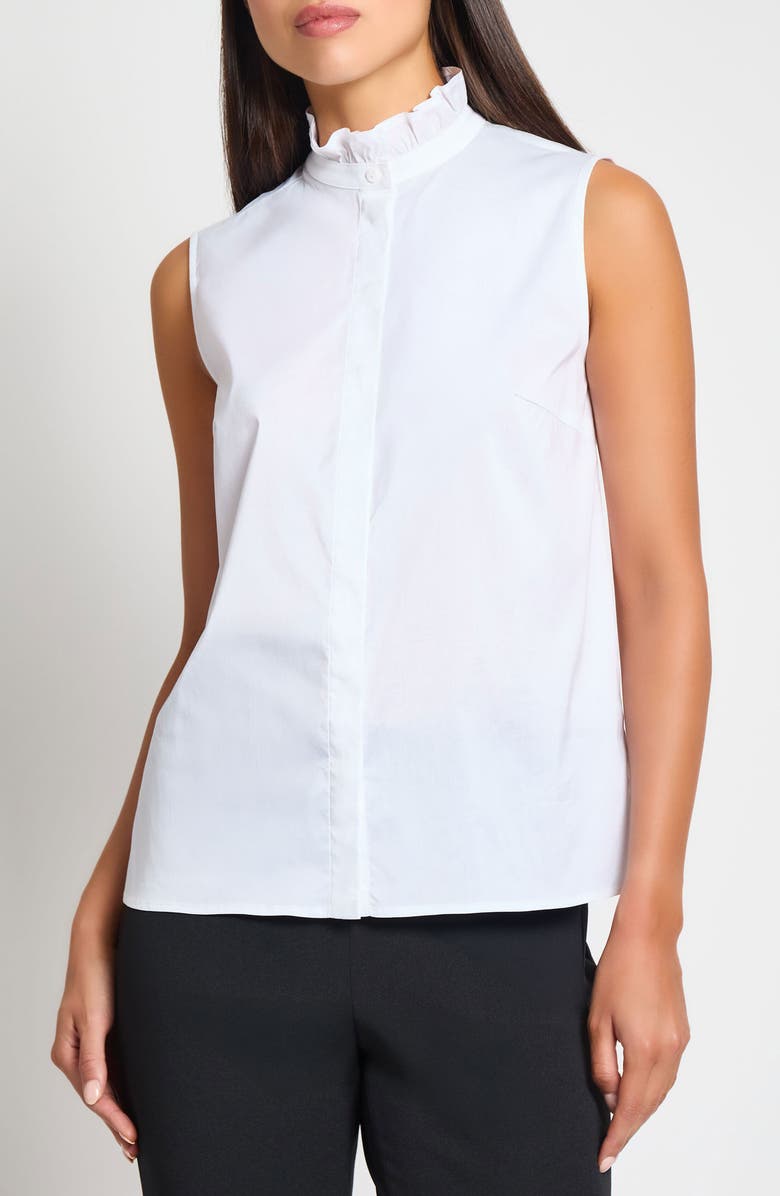 Ming Wang x Tanya Foster Ruffle Neck Stretch Cotton Blend Sleeveless Button-Up Top, Main, color, 