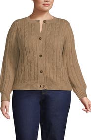 Lands' End Plus Size Drifter Classic Cable Crew Neck Cardigan Sweater