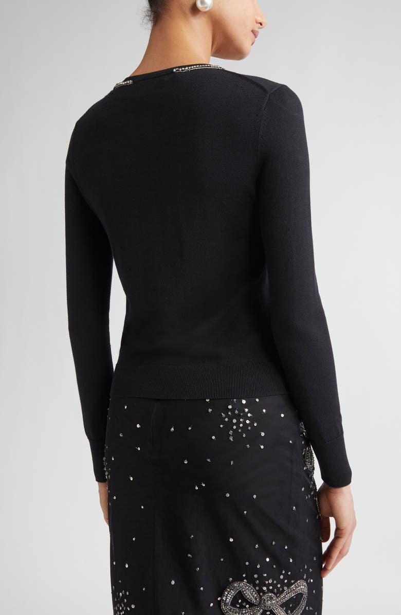 Carolina Herrera Crystal Bow Silk & Cotton Sweater, Alternate, color, Black