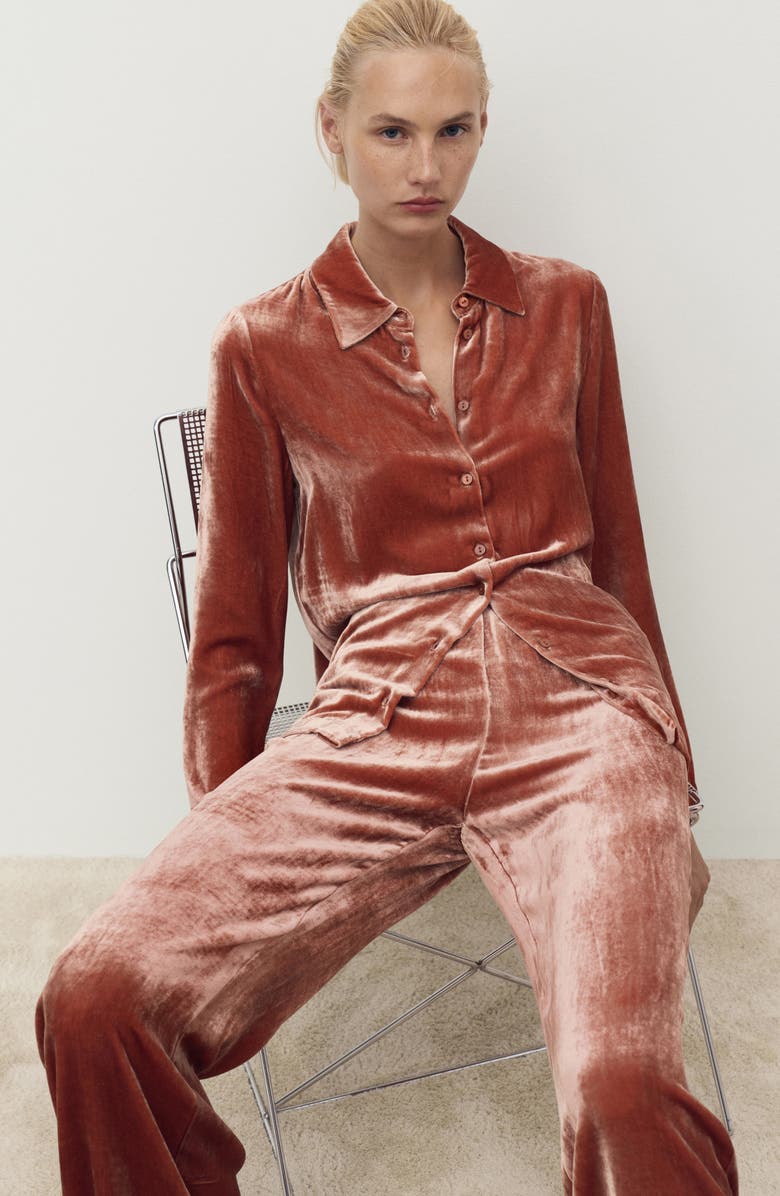 MANGO Velvet Button-Up Shirt, Alternate, color, Burnt Orange