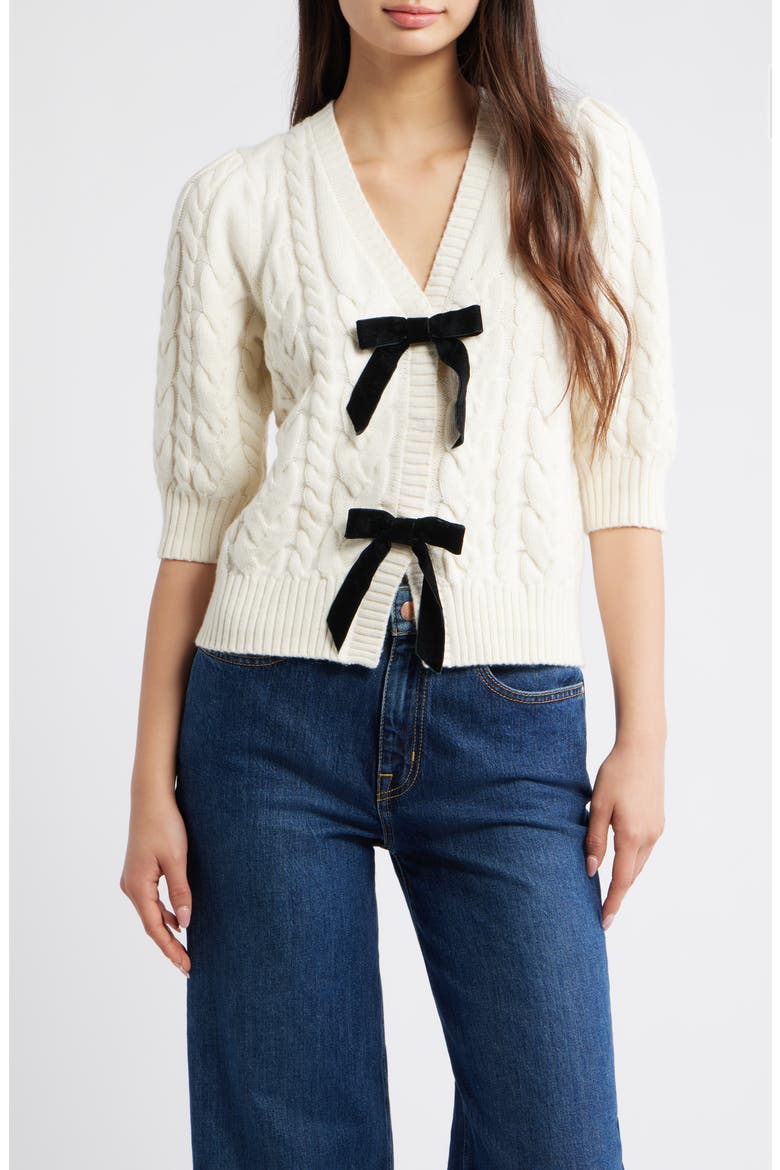Clarissa Velvet Bow Cotton & Merino Wool Blend Cable Sweater, Main, color, IVORY CABLES