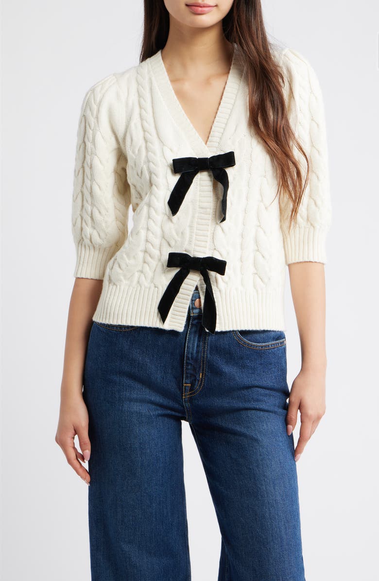 Rails Clarissa Velvet Bow Cotton & Merino Wool Blend Cable Sweater, Main, color, Ivory Cables