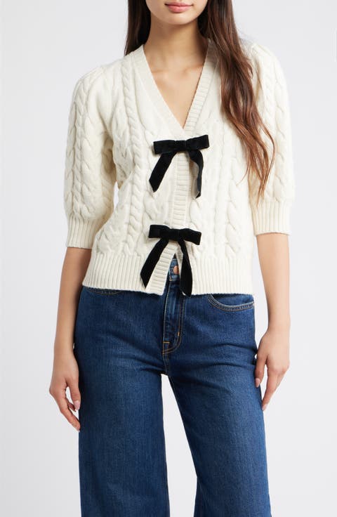 Clarissa Velvet Bow Cotton & Merino Wool Blend Cable Sweater