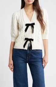 Rails Clarissa Velvet Bow Cotton & Merino Wool Blend Cable Sweater