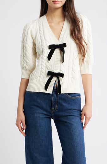 Rails Clarissa Velvet Bow Cotton & Merino Wool Blend Cable Sweater