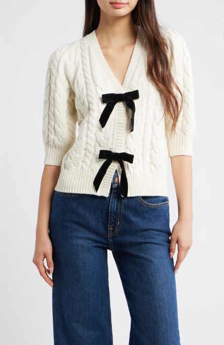 Rails Clarissa Velvet Bow Cotton & Merino Wool Blend Cable Sweater