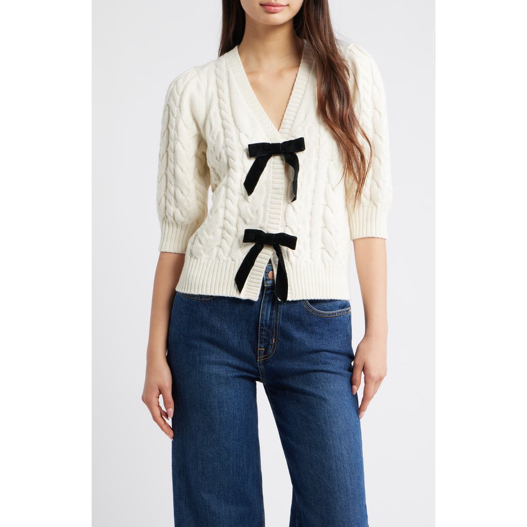 Rails Clarissa Velvet Bow Cotton & Merino Wool Blend Cable Sweater In White