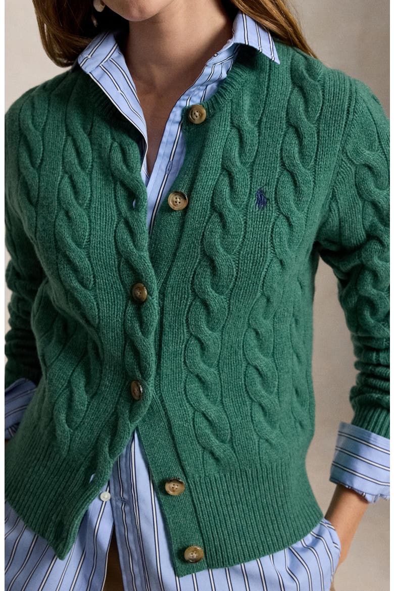 Cable Knit Wool & Cashmere Cardigan, Alternate, color, CLOVER GREEN HEATHER