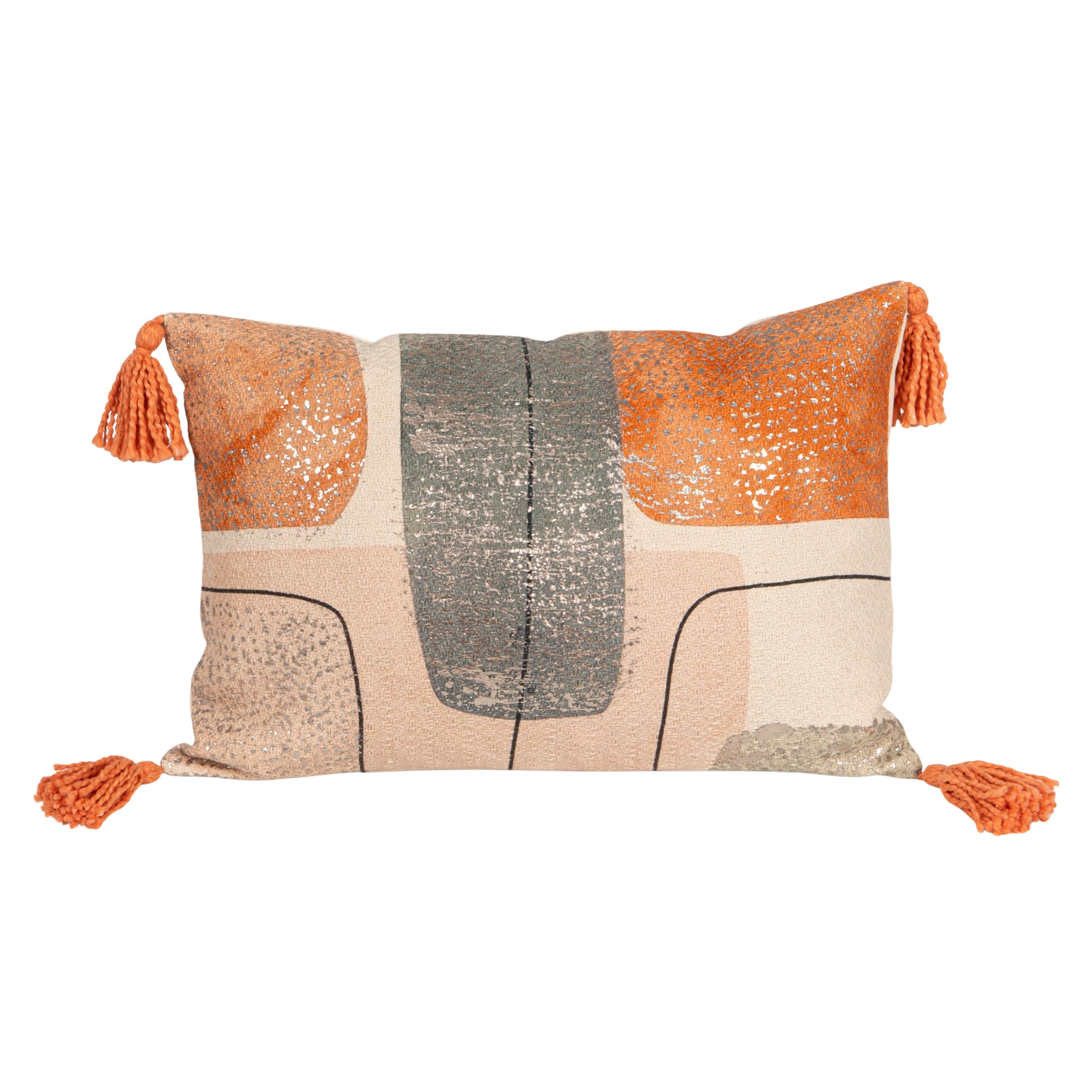 Storied Home Cotton Jacquard Printed Lumbar Pillow With Abstract Design And Tassels, Multicolor