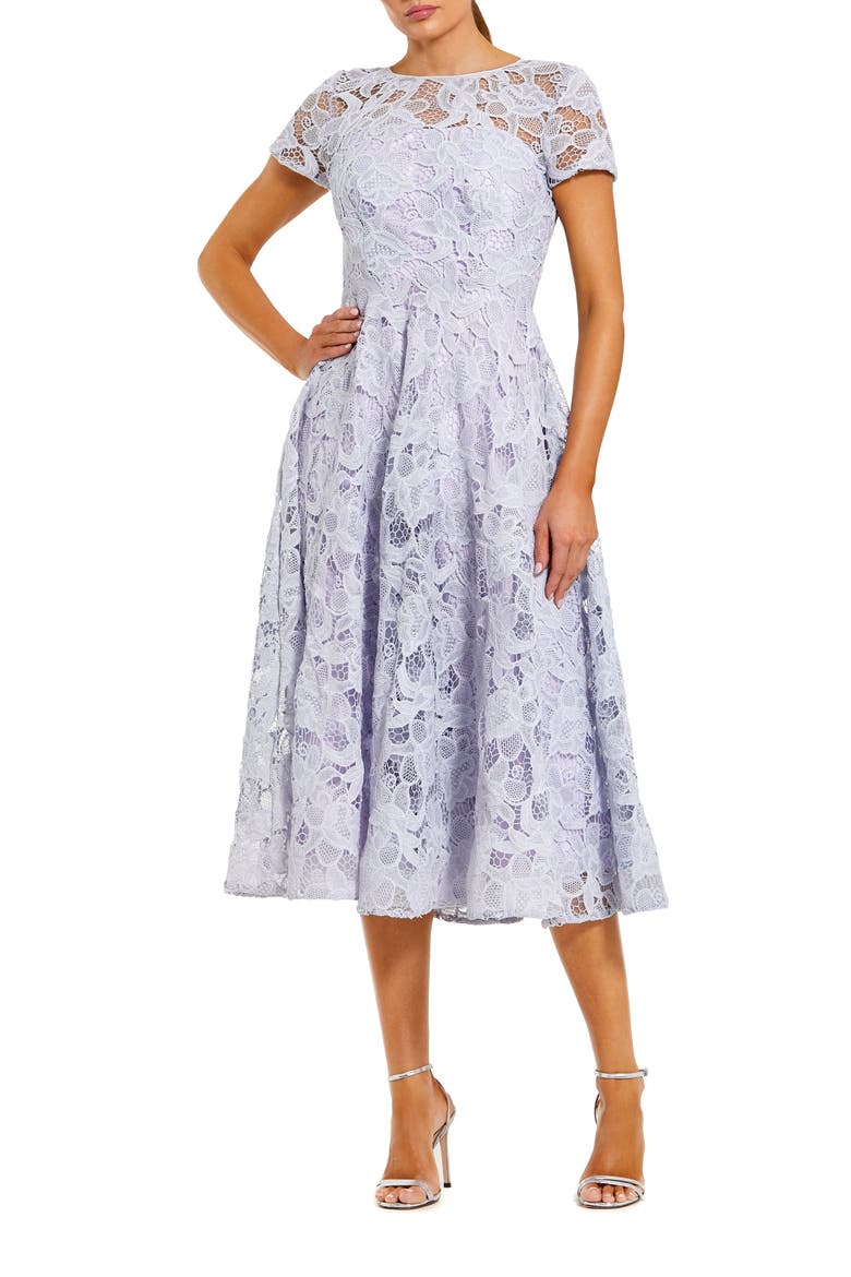 Women’s Elegant Lace A-Line Midi Dress with Bow Detail, Main, color, Lilac