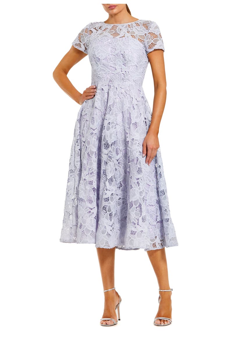 Mac Duggal Lace Short Sleeve A Line Midi Dress With Bow, Main, color, Lilac