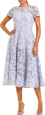 Mac Duggal Women’s Elegant Lace A-Line Midi Dress with Bow Detail