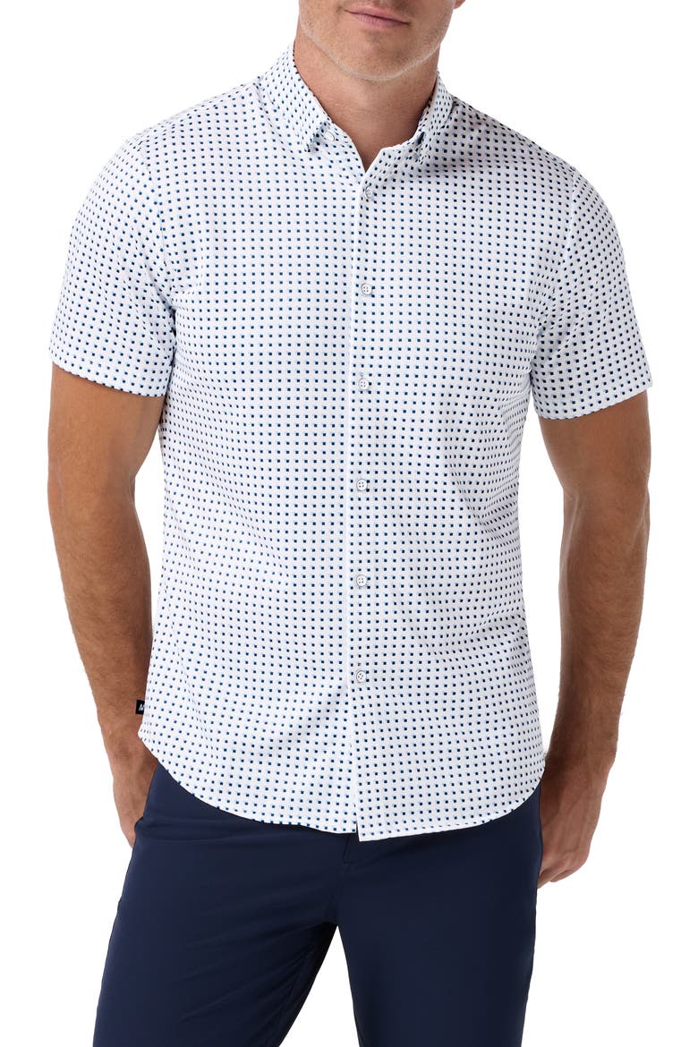Halyard Trim Fit Square Print Short Sleeve Performance Button-Up Shirt, Main, color, DARK TEAL CORNERSTONE TRIM