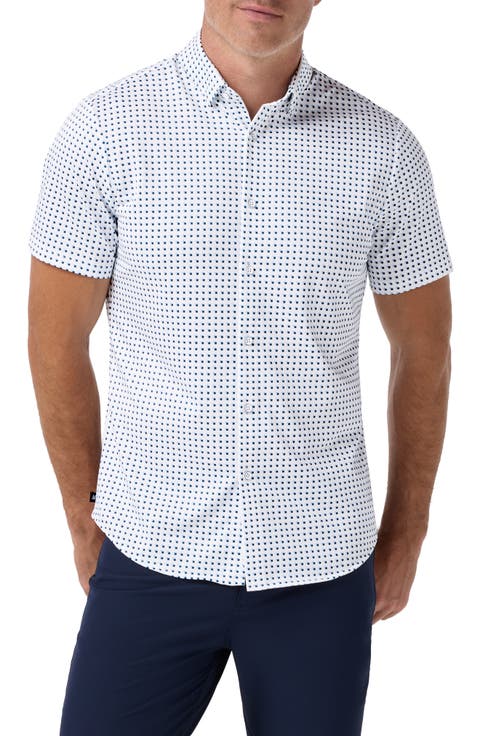 Halyard Trim Fit Square Print Short Sleeve Performance Button-Up Shirt