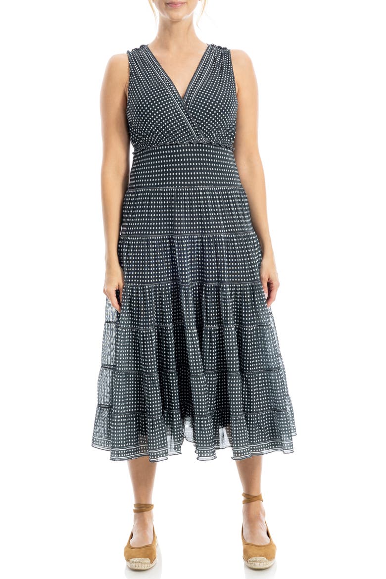 V-Neck Sleeveless Mesh Midi Dress, Main, color, BLACK/IVORY GAME DOT