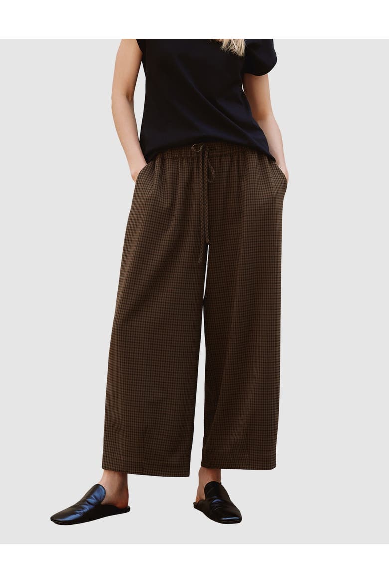 Gingham Drawstring Wide Leg Culotte, Main, color, Chocolate