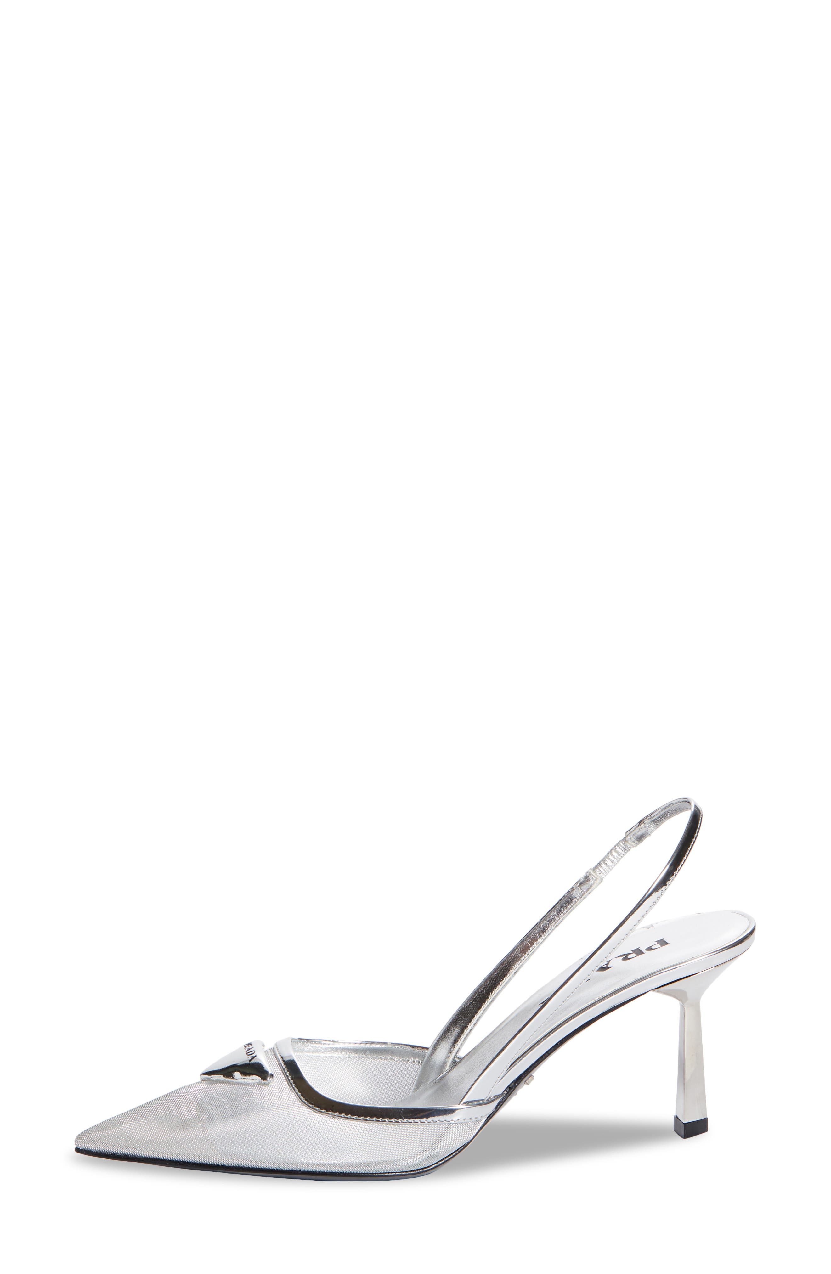 Prada Modellerie Pointed Toe Metallic Mesh Slingback Pump, Alternate, color, Argento