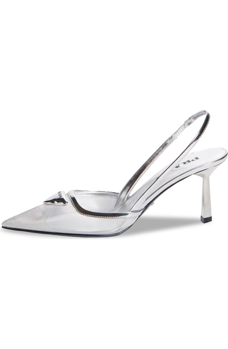 Prada Modellerie Pointed Toe Metallic Mesh Slingback Pump, Alternate, color, Argento