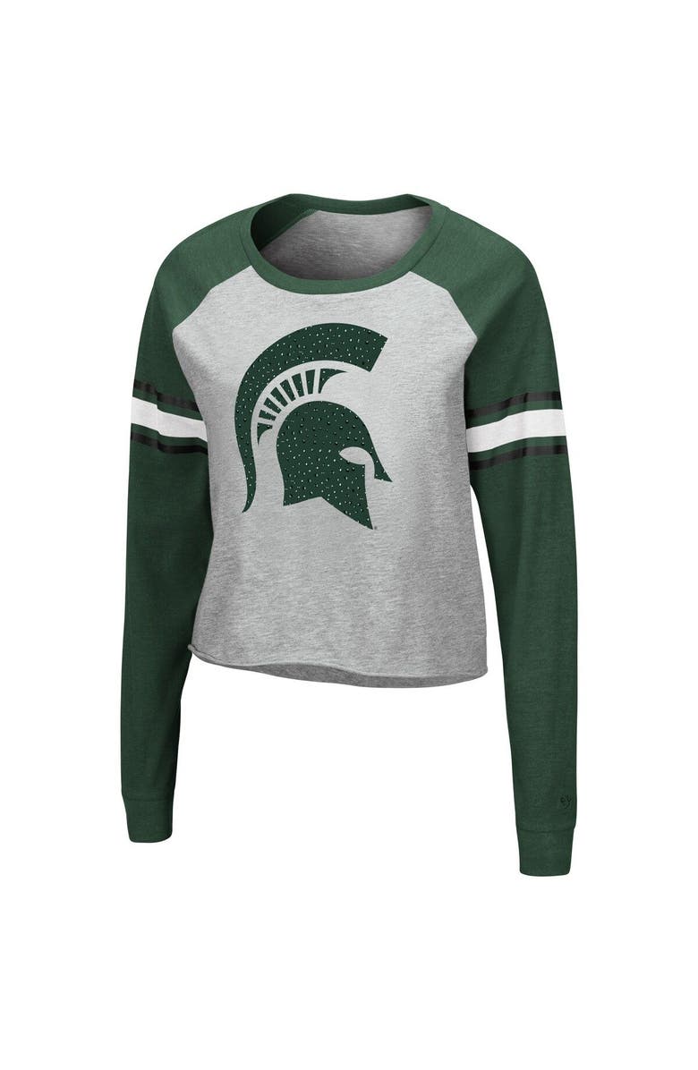 COLOSSEUM Women's Colosseum Heathered Gray/Green Michigan State Spartans Decoder Pin Raglan Long Sleeve T-Shirt, Alternate, color, 