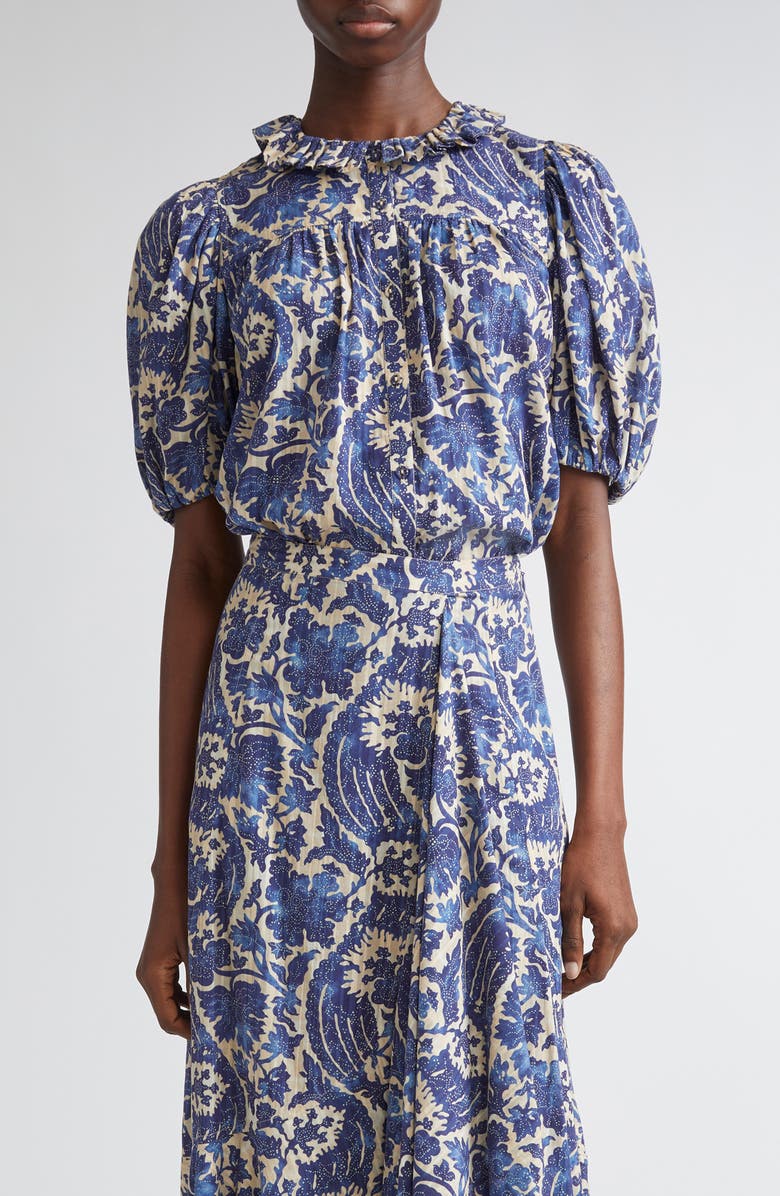 Ulla Johnson Amari Floral Cotton Button-Up Shirt, Main, color, Ocean
