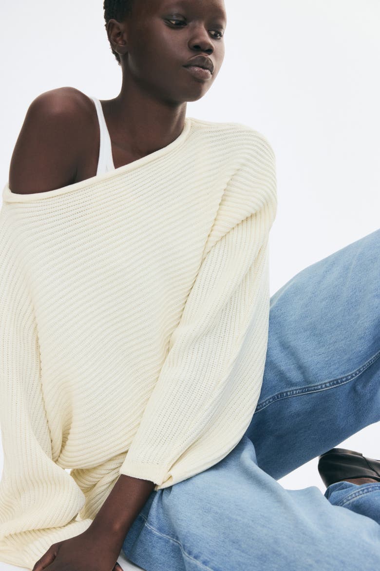 Boat-Neck Rib-Knit Sweater, Alternate, color, Cream