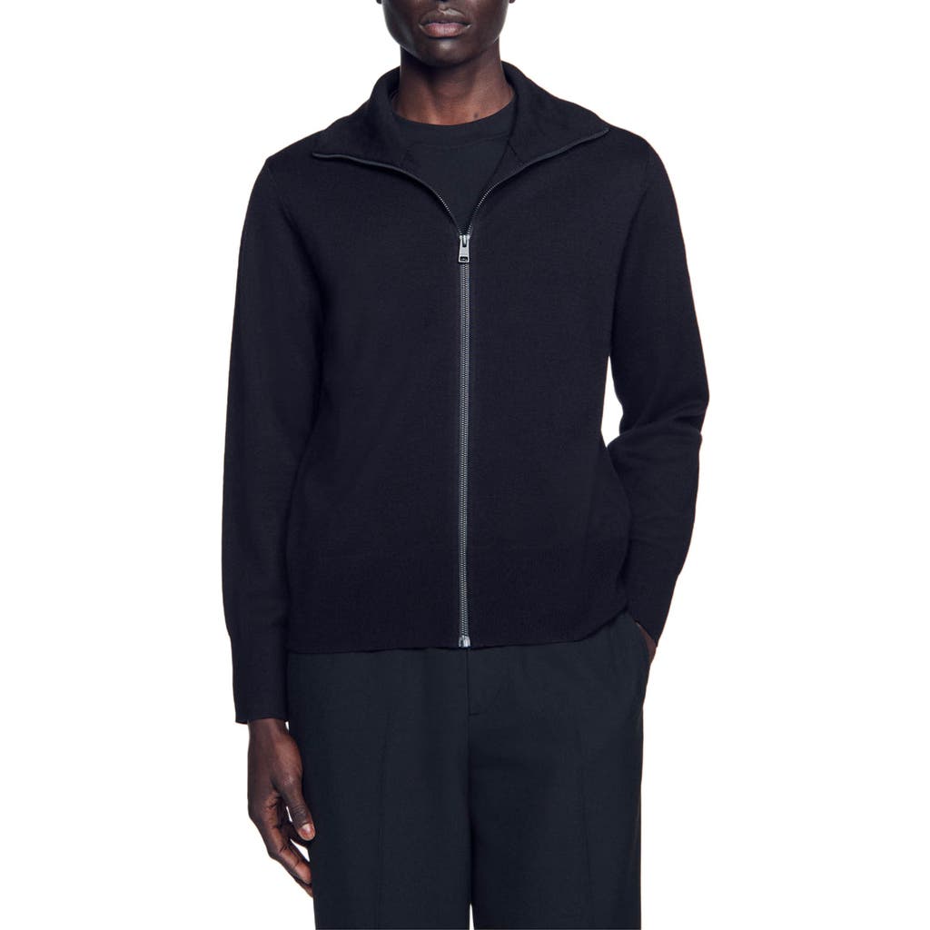 Sandro Zip-up Wool Cardigan In Navy Blue
