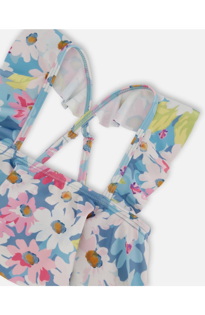Deux par Deux Girl's Printed Two-Piece Swimsuit With Frills White, Pink, And Green Flowers, Alternate, color, 