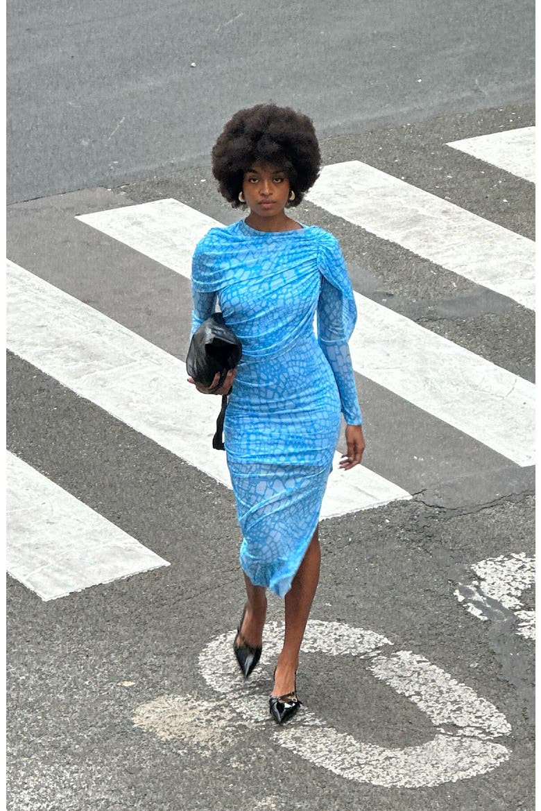 Reptile Printed Cape Dress, Alternate, color, Blue / White Reptile