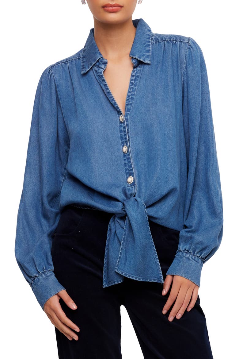 Tie Front Denim Top, Main, color, MEDIUM BLUE