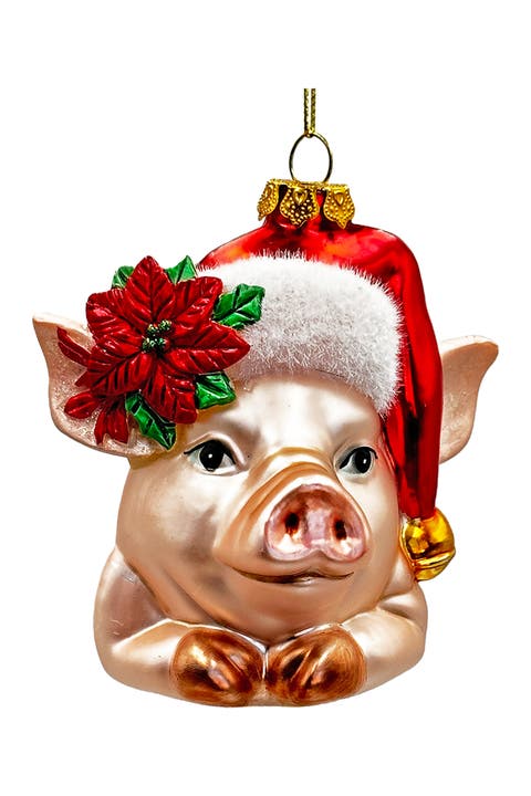 Santa Hat Pig Poinsettia Glass Ornament