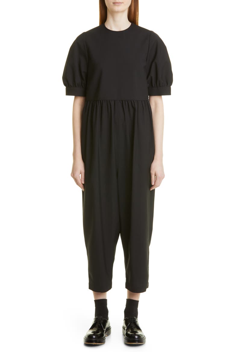 Yarn Dyed Short Sleeve Jumpsuit, Main, color, BLACK