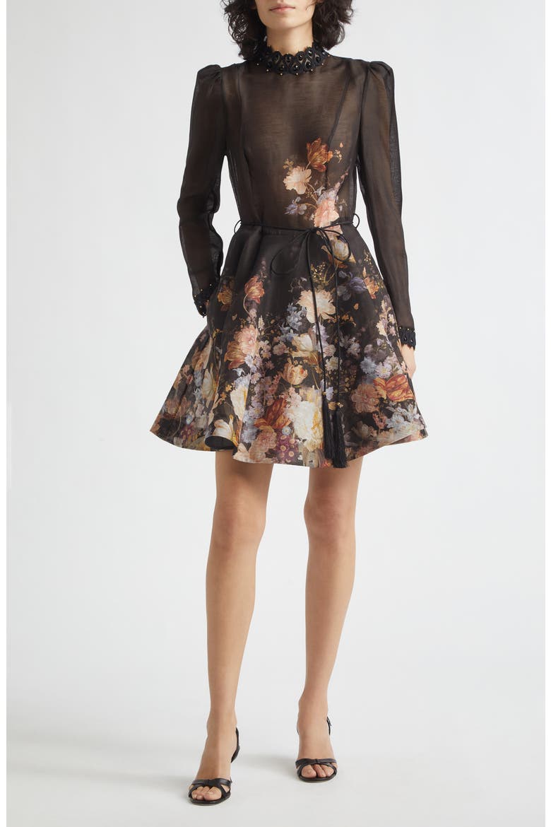 Valiant Embellished Floral Long Sleeve Linen & Silk Organza Dress, Main, color, BLACK FLORAL