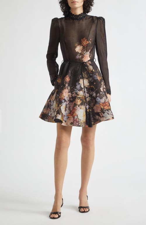 Zimmermann Valiant Embellished Floral Long Sleeve Linen & Silk Organza Dress In Black