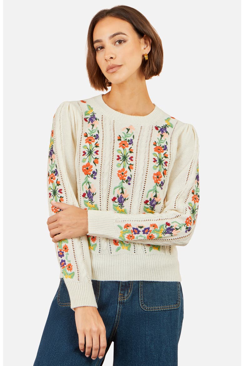 Floral Embroidery Cable Jumper, Main, color, Ivory