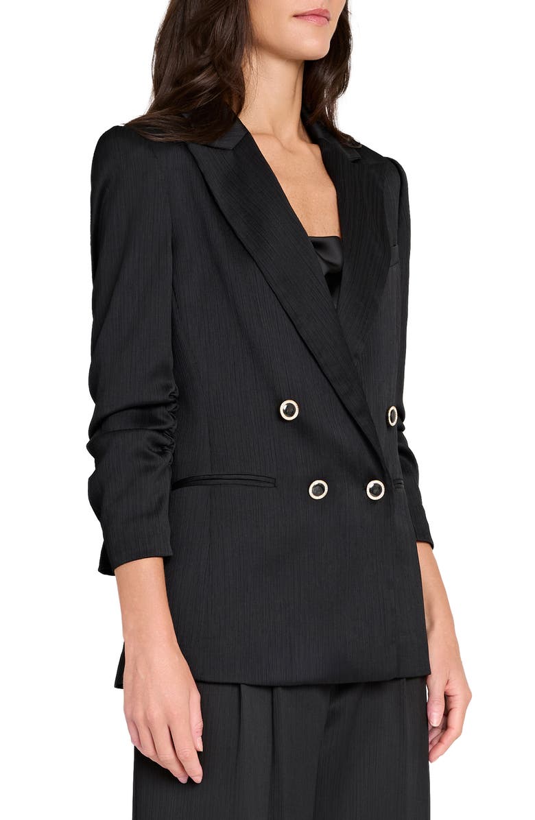 Tahari ASL Double Breasted Crinkle Satin Blazer, Alternate, color, Black