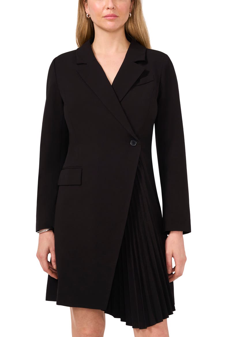 Pleated Long Sleeve Asymmetric Blazer Dress, Alternate, color, RICH BLACK