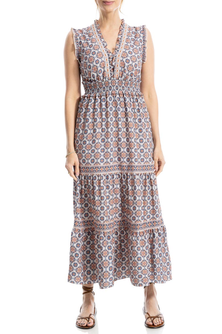 Smocked Fit & Flare Maxi Dress, Main, color, CREAM/ BLUE CURVY CUBE