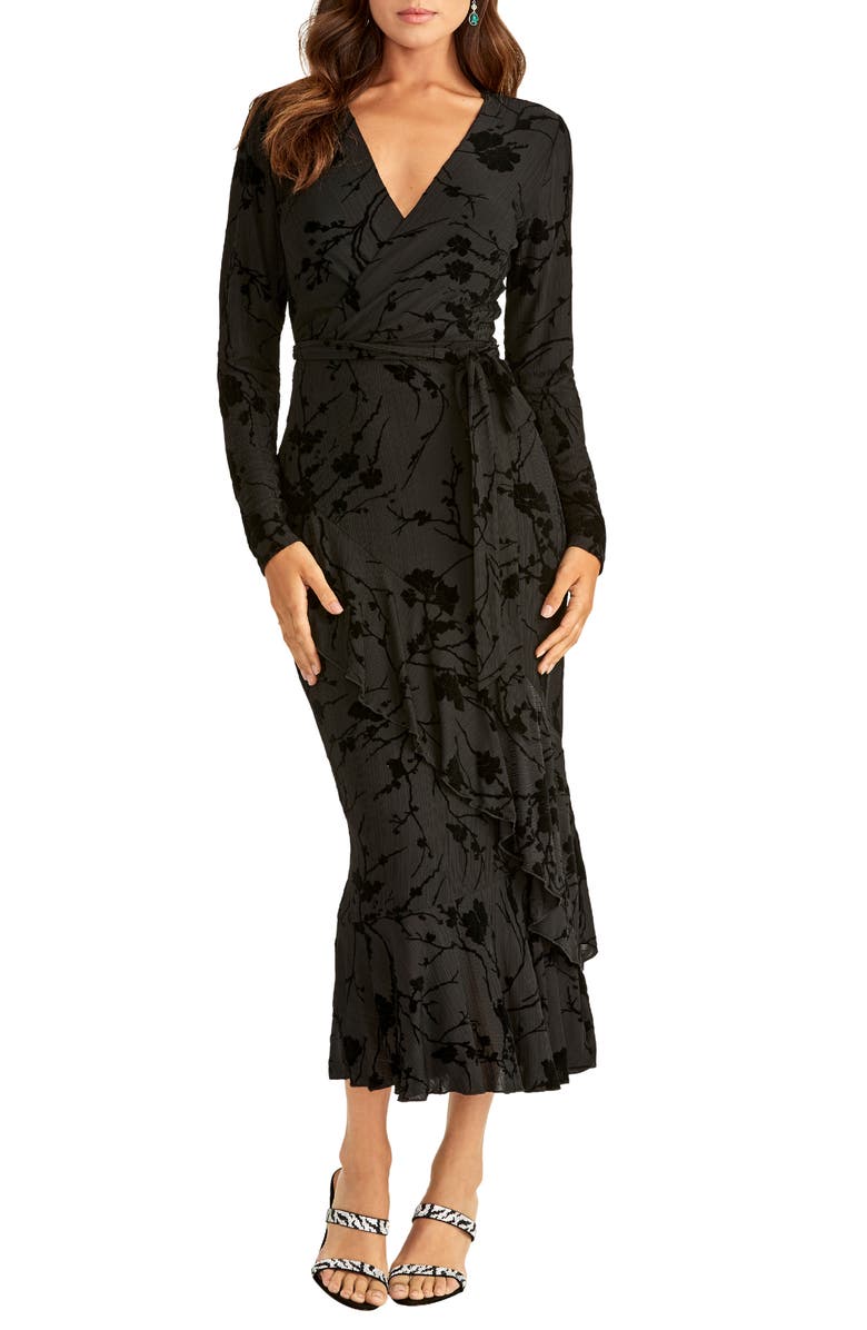 RACHEL Rachel Roy Flocked Velvet Long Sleeve Faux Wrap Dress, Main, color, 