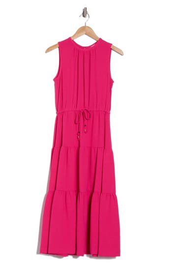 Shop Calvin Klein Sleeveless Tiered A-line Midi Dress In Hibiscus