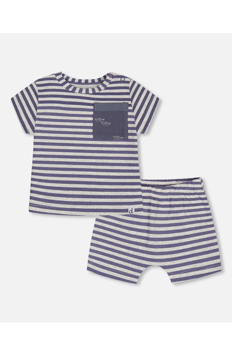 Deux par Deux Baby Boy's Organic Cotton Short Sleeve Top And Short Set Striped Navy, Main, color, Striped Navy