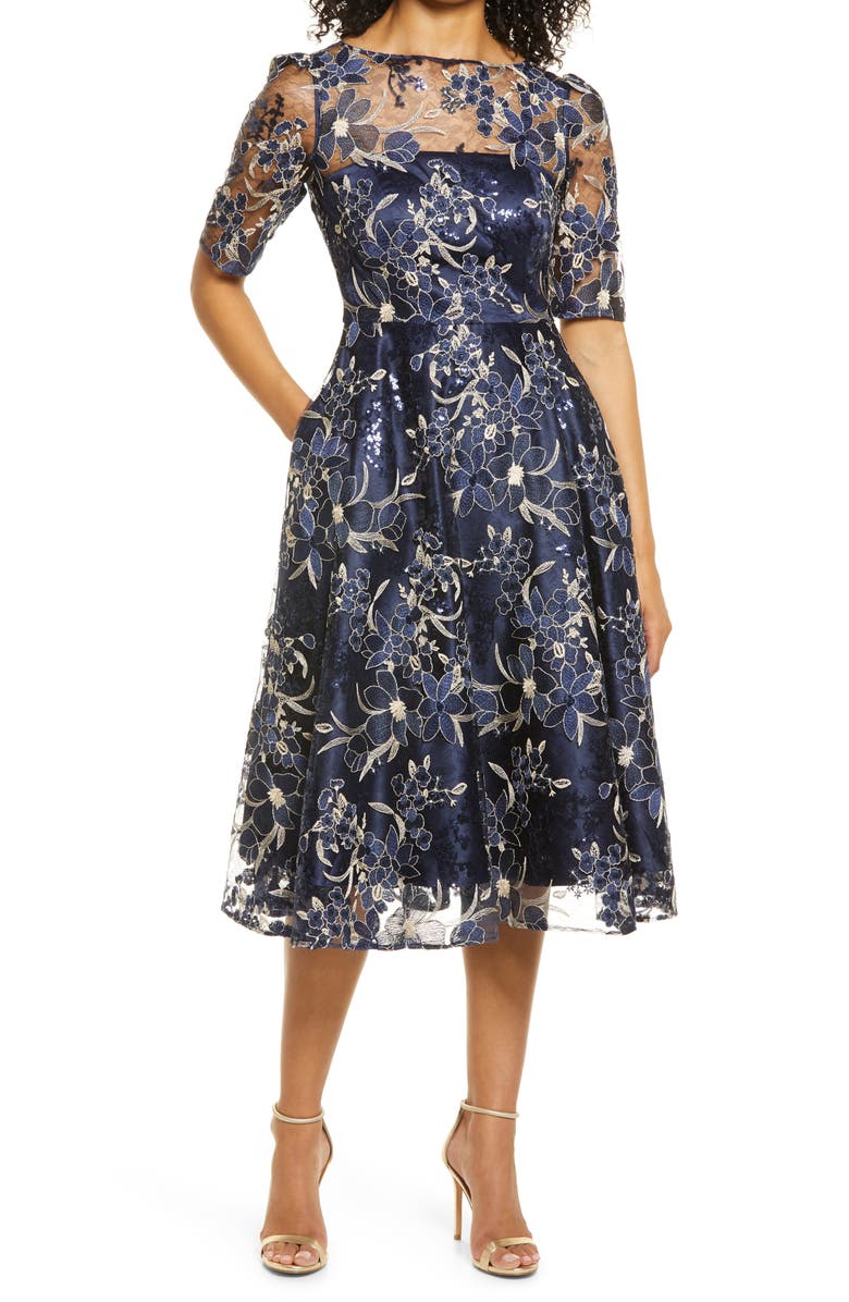 Eliza J Sequin Floral Embroidery Fit & Flare Cocktail Midi Dress, Main, color, Navy