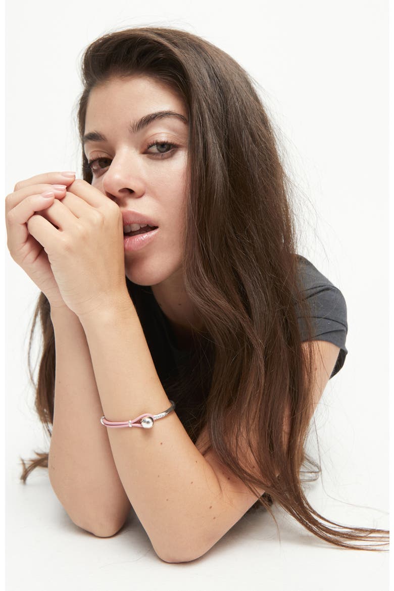 Sterling Silver Plated Semi-Rigid Bracelet with Pink Leather, Alternate, color, Silver
