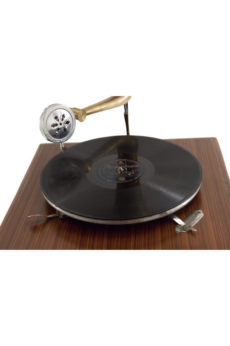 Brown Wood & Metal Vintage Gramophone, Alternate, color, BROWN