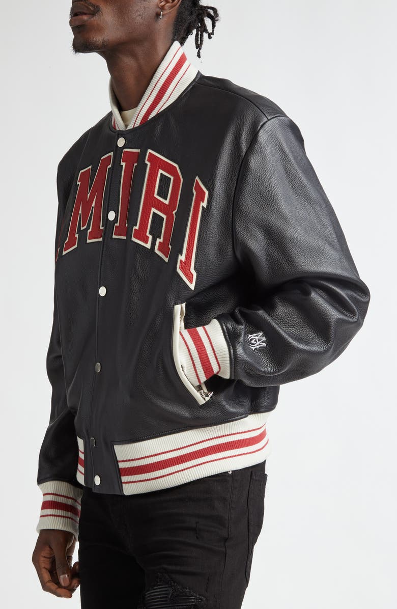 AMIRI Varsity Logo Leather Bomber Jacket, Alternate, color, Black