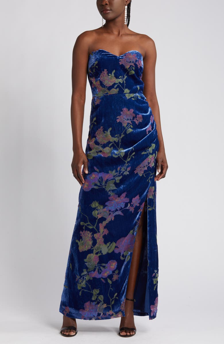 Lulus Exquisite Floral Velvet Burnout Strapless Gown, Alternate, color,