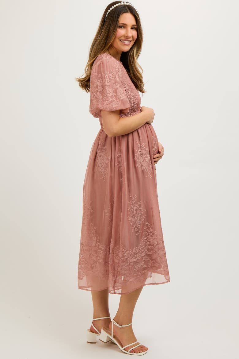 Floral Lace Smocked Midi Dress, Alternate, color, Mauve
